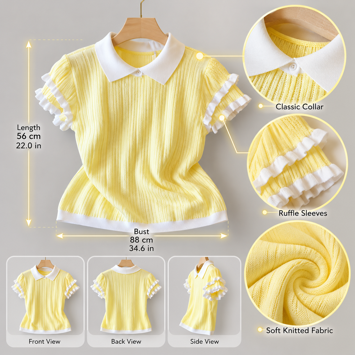 Yellow Knit Top for Women, Peter Pan Collar Sweater Top, Ruffle Sleeve Shirt, Cute Preppy Top, Soft Ribbed Knit Blouse