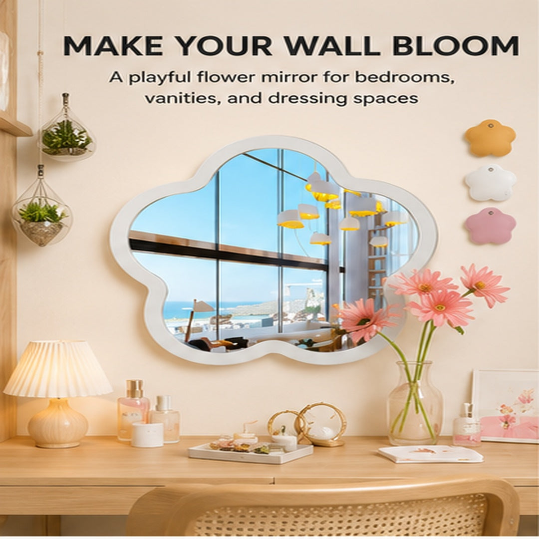 Flower Shaped Wall Mirror | Cute Bedroom Mirror | Acrylic Wood Decor | Dorm Vanity Mirror | Playful Dressing Room Accent