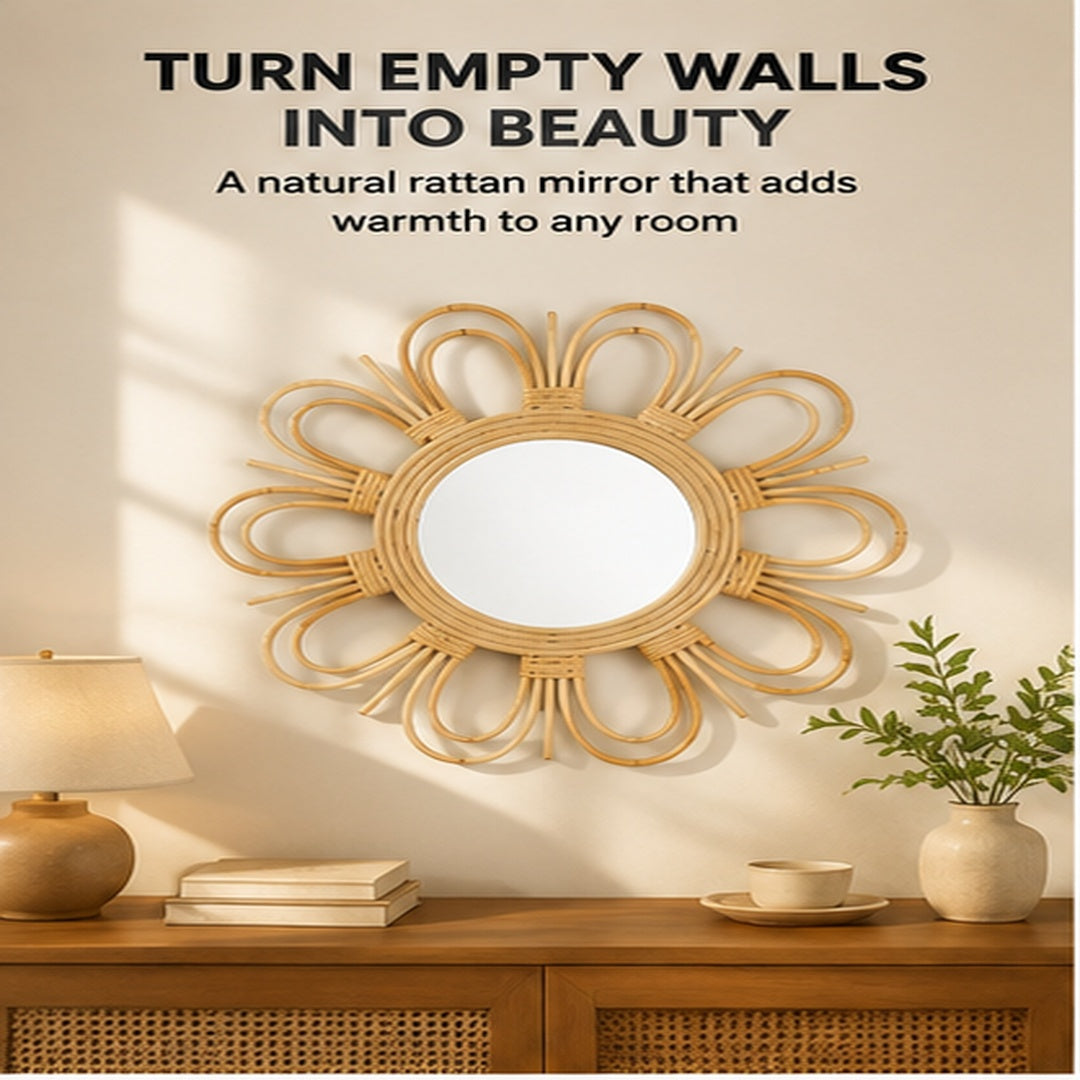 Woven Rattan Wall Mirror | Boho Flower Shape Dressing Mirror | Natural Home Decor Accent | Bedroom Bathroom Vanity Mirror