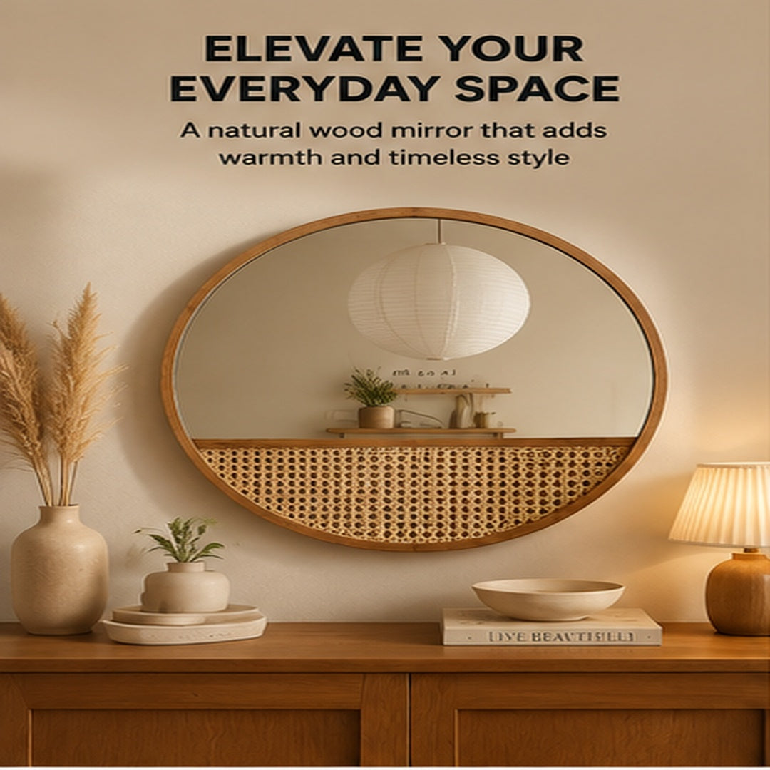 Solid Wood Rattan Wall Mirror | Round Boho Dressing Mirror | Natural Bedroom Bathroom Vanity Decor | Retro Home Accent