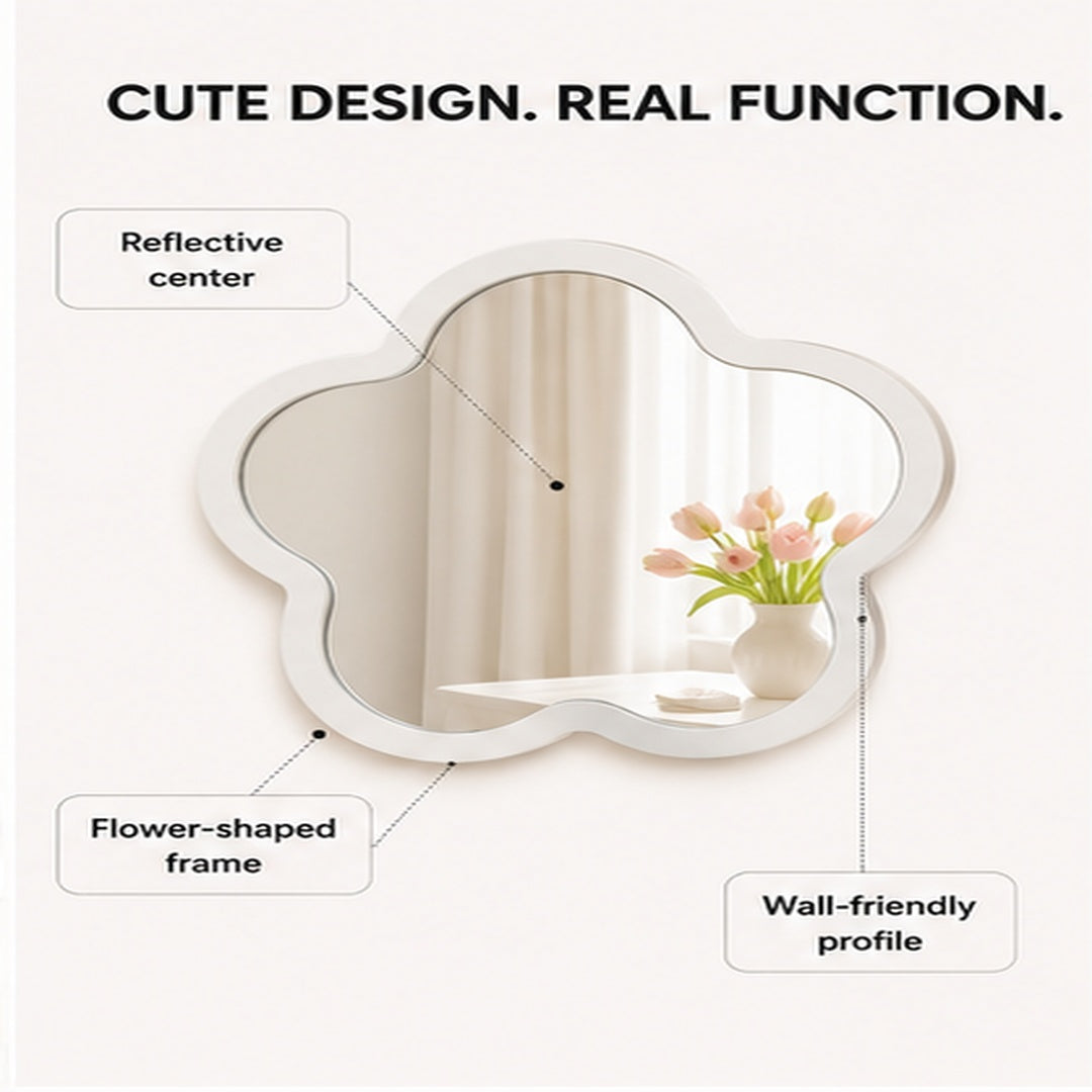 Flower Shaped Wall Mirror | Cute Bedroom Mirror | Acrylic Wood Decor | Dorm Vanity Mirror | Playful Dressing Room Accent