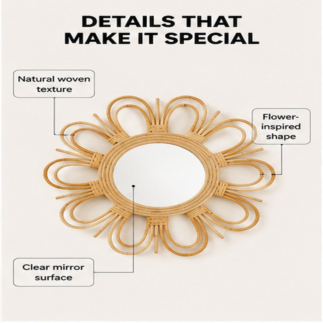 Woven Rattan Wall Mirror | Boho Flower Shape Dressing Mirror | Natural Home Decor Accent | Bedroom Bathroom Vanity Mirror