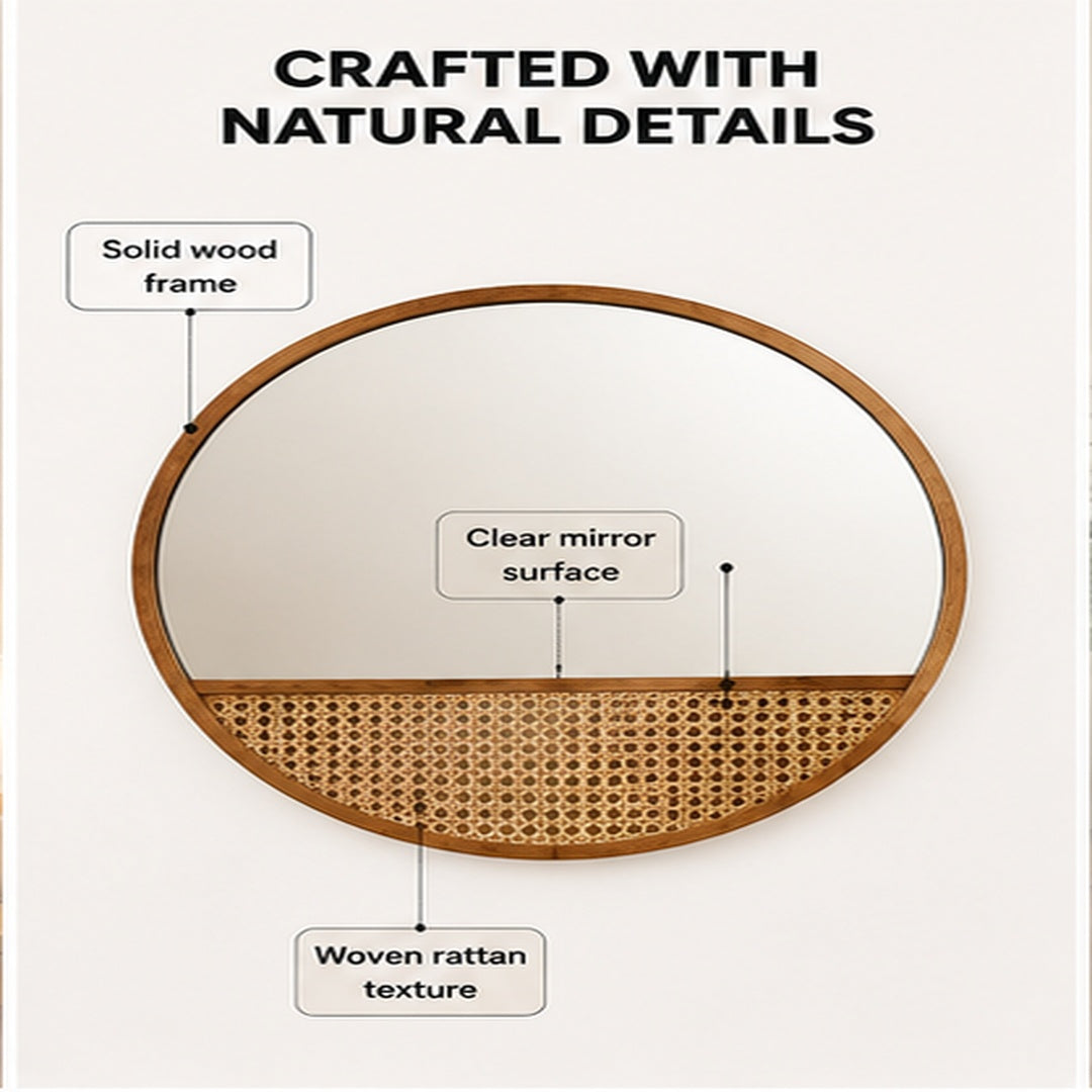 Solid Wood Rattan Wall Mirror | Round Boho Dressing Mirror | Natural Bedroom Bathroom Vanity Decor | Retro Home Accent