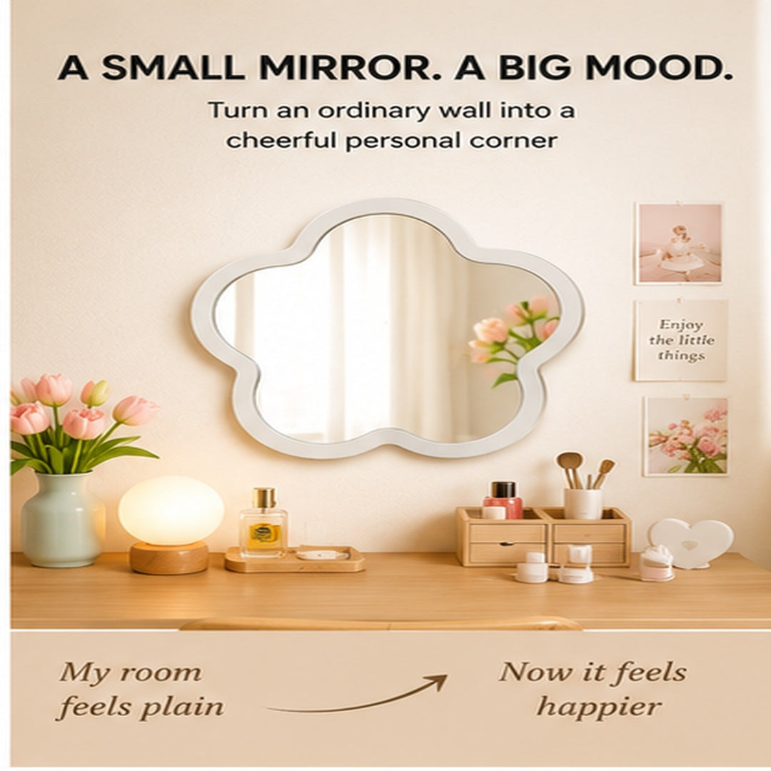 Flower Shaped Wall Mirror | Cute Bedroom Mirror | Acrylic Wood Decor | Dorm Vanity Mirror | Playful Dressing Room Accent