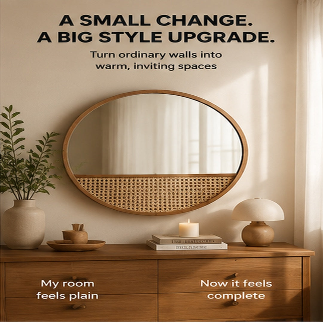 Solid Wood Rattan Wall Mirror | Round Boho Dressing Mirror | Natural Bedroom Bathroom Vanity Decor | Retro Home Accent