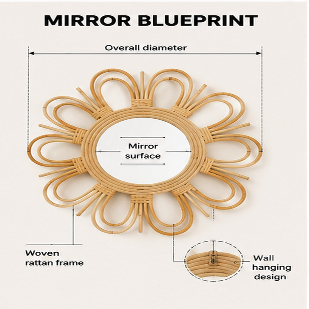 Woven Rattan Wall Mirror | Boho Flower Shape Dressing Mirror | Natural Home Decor Accent | Bedroom Bathroom Vanity Mirror