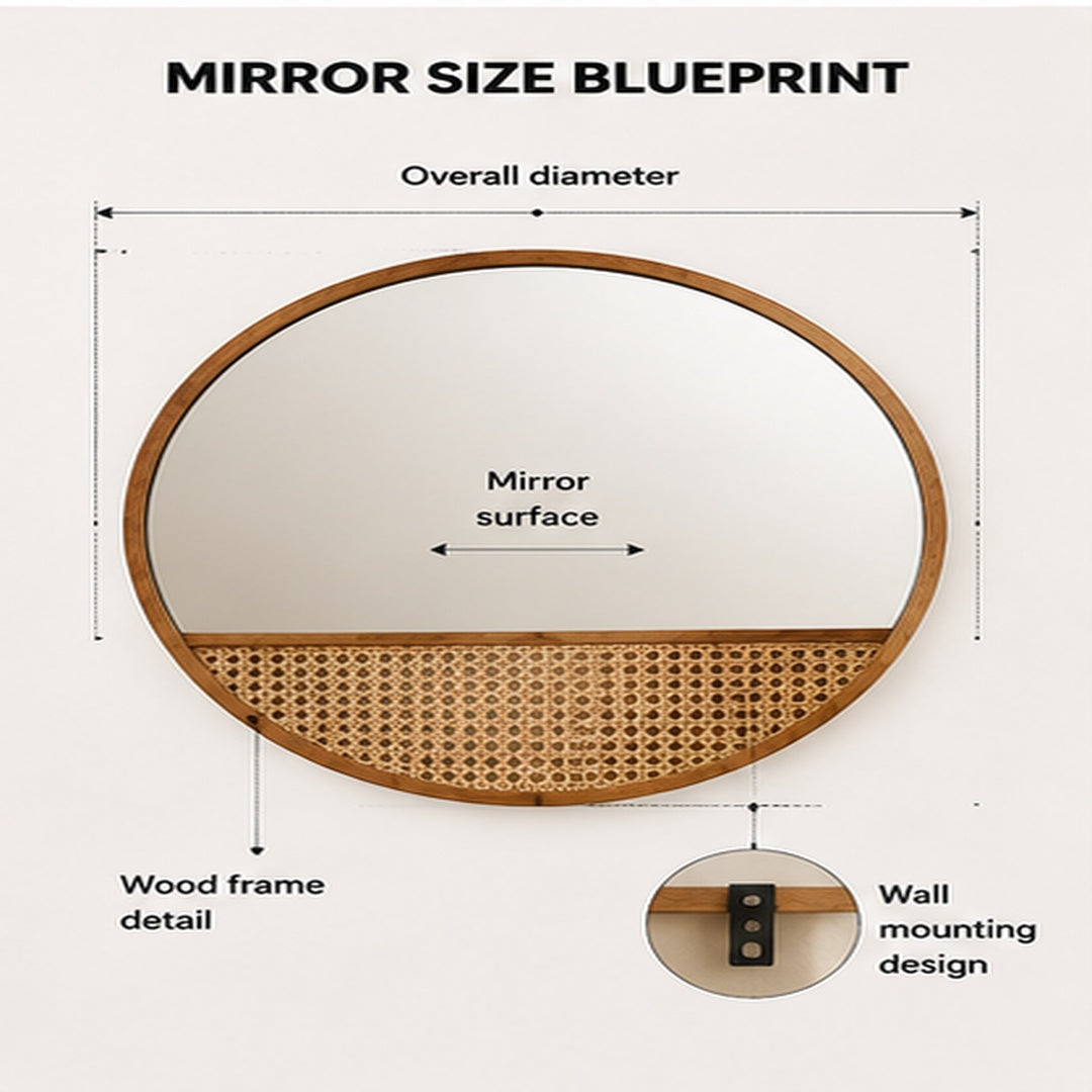 Solid Wood Rattan Wall Mirror | Round Boho Dressing Mirror | Natural Bedroom Bathroom Vanity Decor | Retro Home Accent