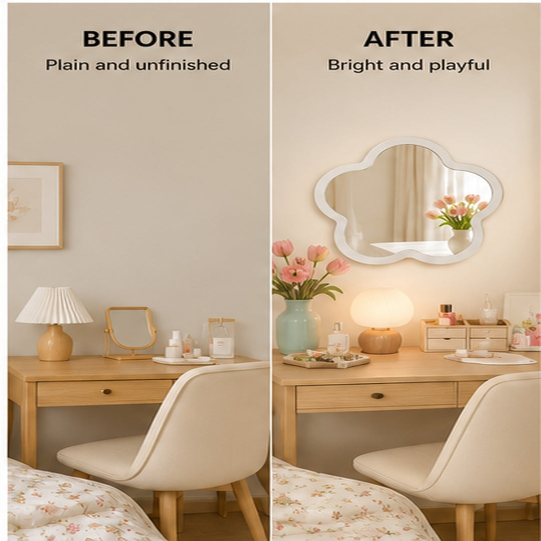 Flower Shaped Wall Mirror | Cute Bedroom Mirror | Acrylic Wood Decor | Dorm Vanity Mirror | Playful Dressing Room Accent