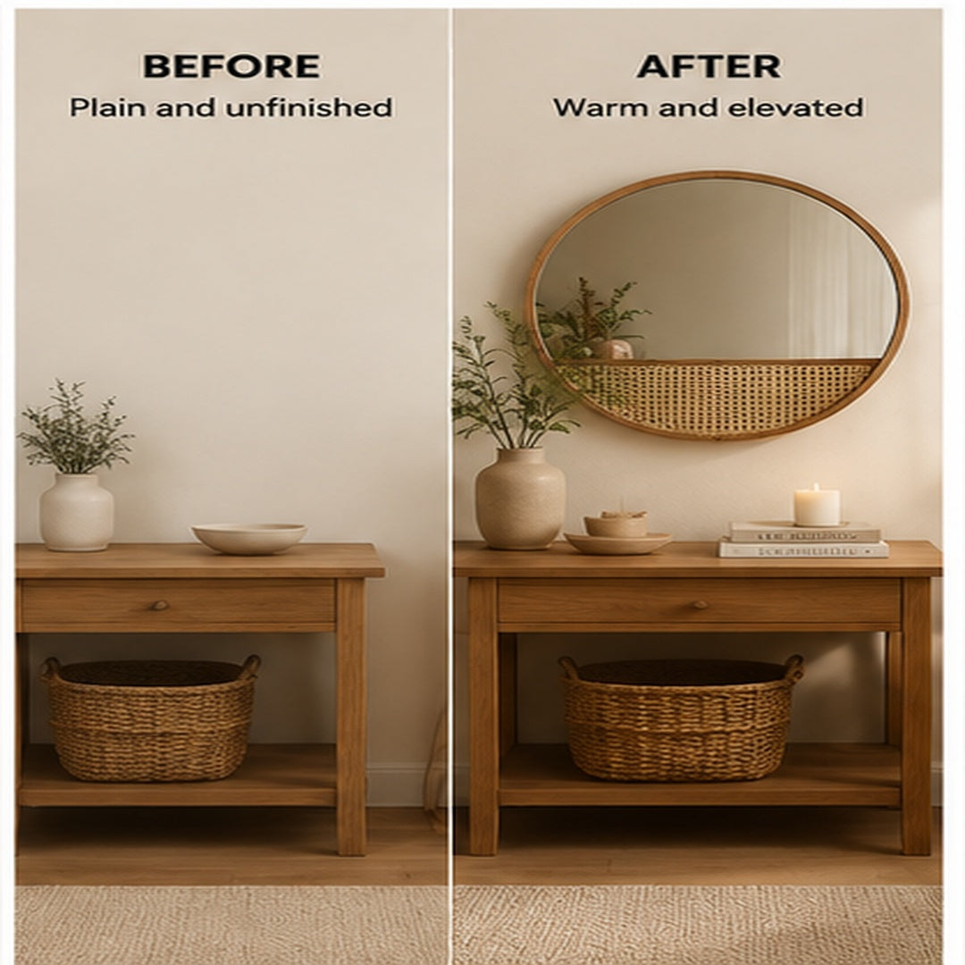 Solid Wood Rattan Wall Mirror | Round Boho Dressing Mirror | Natural Bedroom Bathroom Vanity Decor | Retro Home Accent