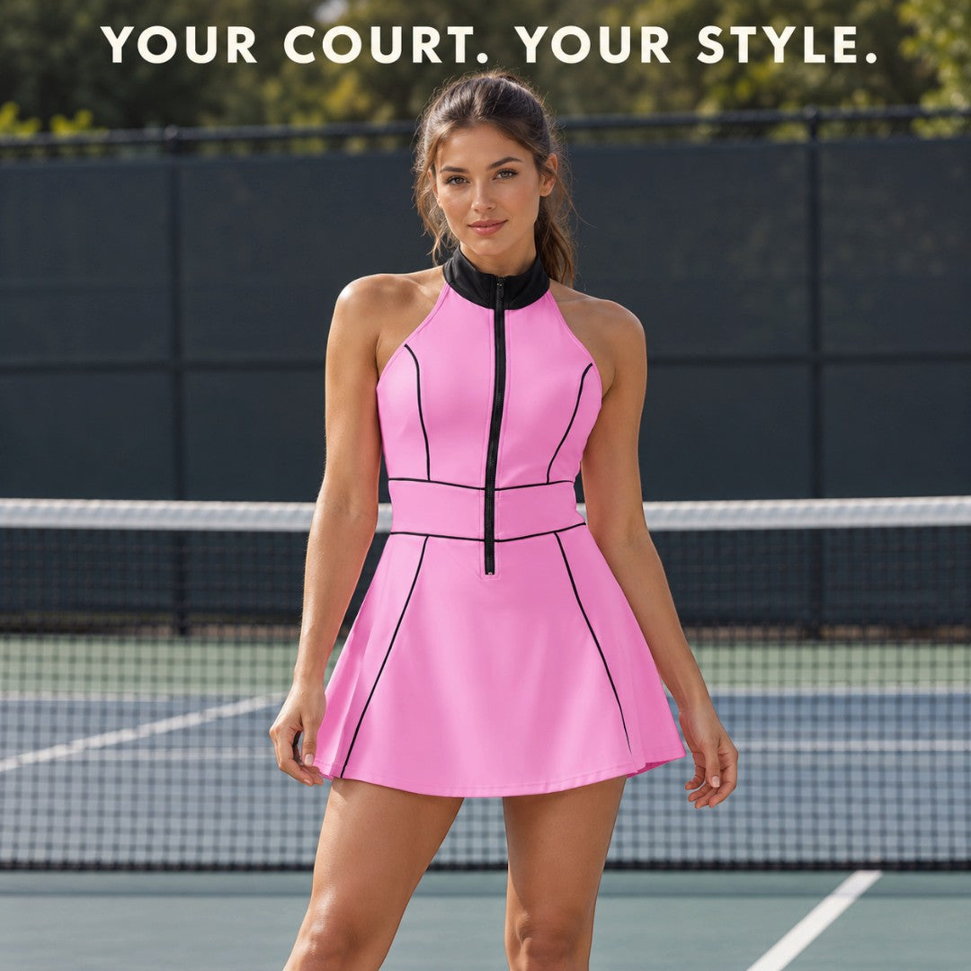 Tennis Dress With Shorts | Sleeveless Athletic Outfit | Contrast Trim Zipper Stand Collar | Workout Gym Yoga Clothing | Casual Court Style