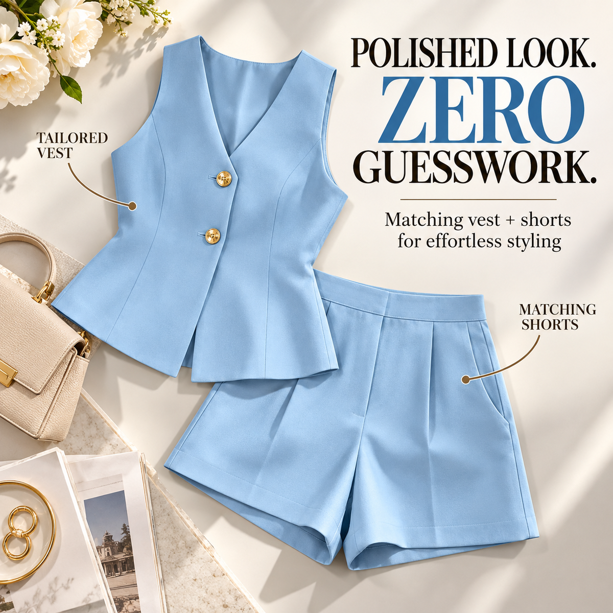 Women’s Blue Two Piece Set, Sleeveless V Neck Vest and High Waisted Shorts, Elegant Summer Matching Outfit, Chic Casual Co Ord Set