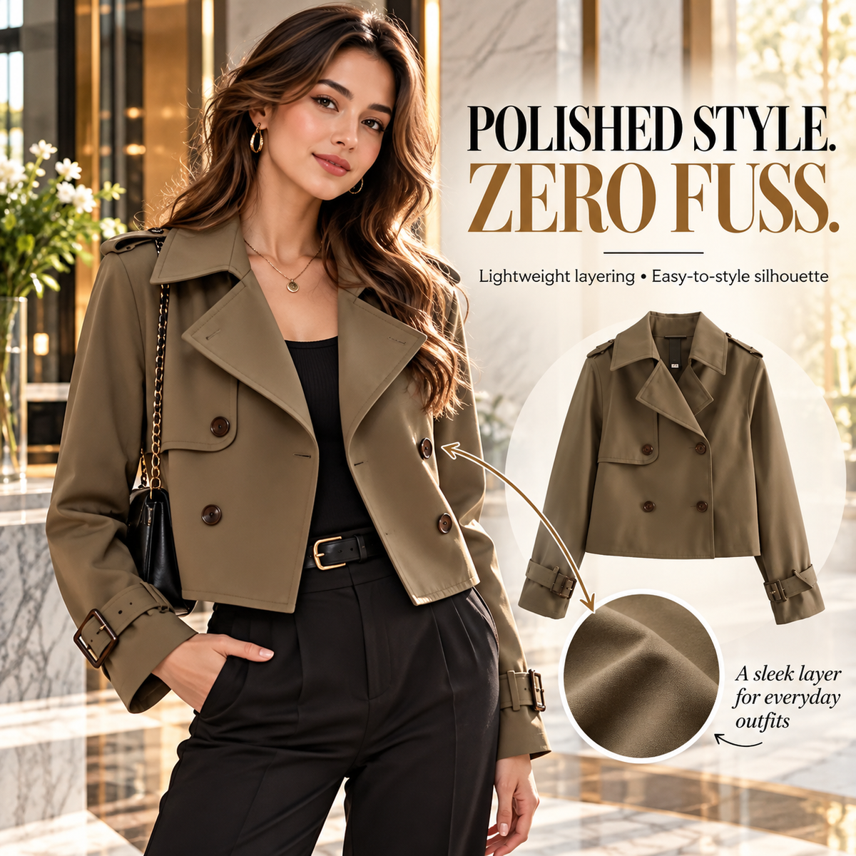 Olive Khaki Cropped Trench Jacket for Women, Double Breasted Short Coat, Elegant Casual Blazer, Lightweight Spring Fall Outerwear