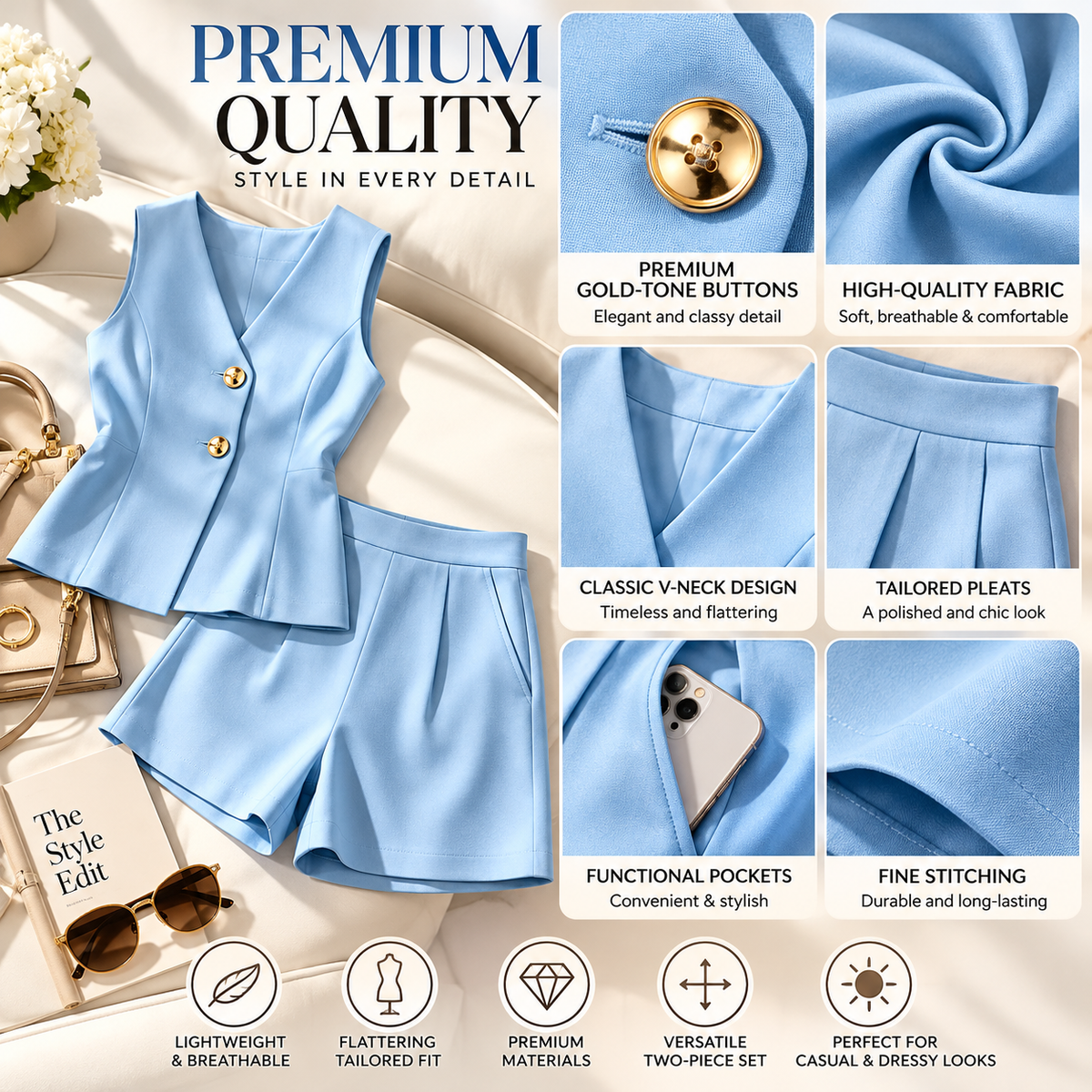 Women’s Blue Two Piece Set, Sleeveless V Neck Vest and High Waisted Shorts, Elegant Summer Matching Outfit, Chic Casual Co Ord Set
