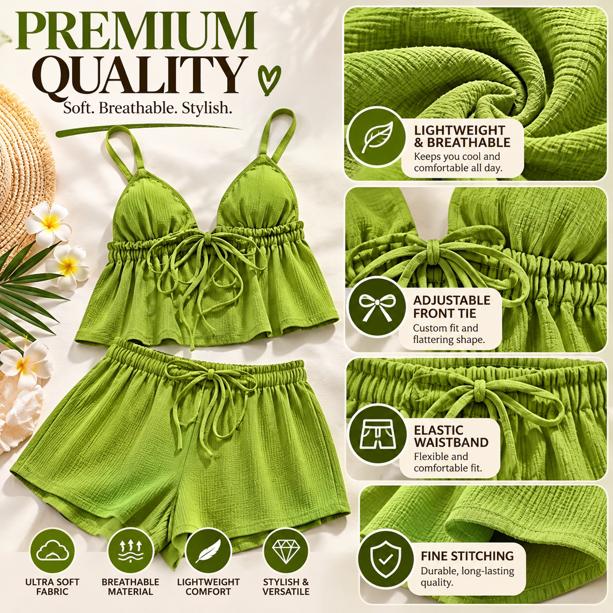 Lime Green Two Piece Set for Women, Tie Front Crop Cami Top and Shorts, Casual Summer Lounge Outfit, Beach Vacation Matching Set