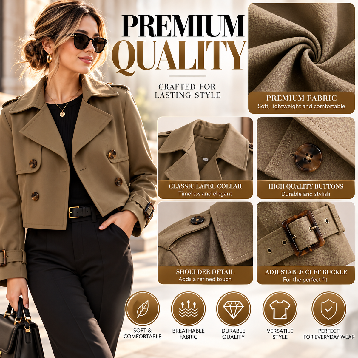 Olive Khaki Cropped Trench Jacket for Women, Double Breasted Short Coat, Elegant Casual Blazer, Lightweight Spring Fall Outerwear