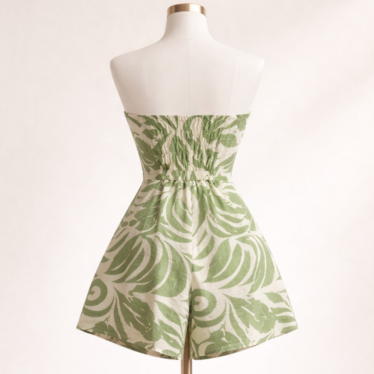 Women’s Strapless Summer Romper | Leaf Print Tie Front Beach Outfit