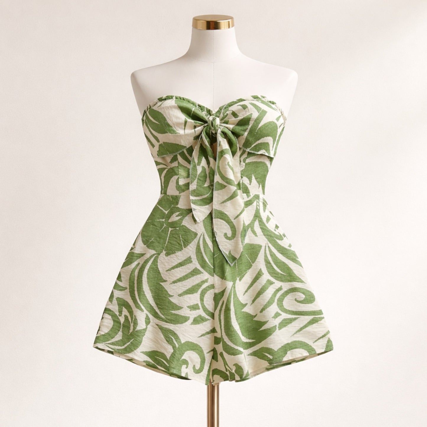 Women’s Strapless Summer Romper | Leaf Print Tie Front Beach Outfit