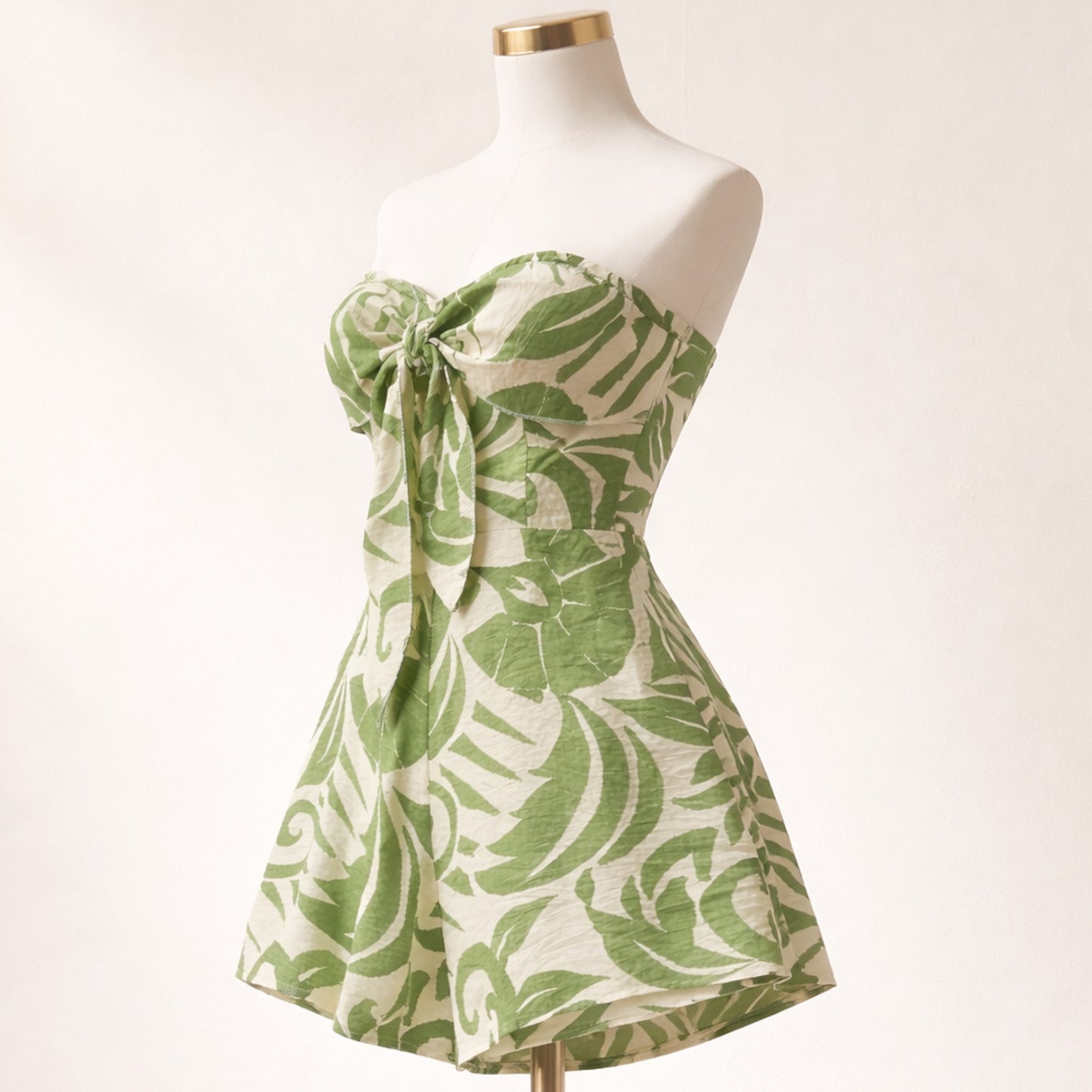 Women’s Strapless Summer Romper | Leaf Print Tie Front Beach Outfit
