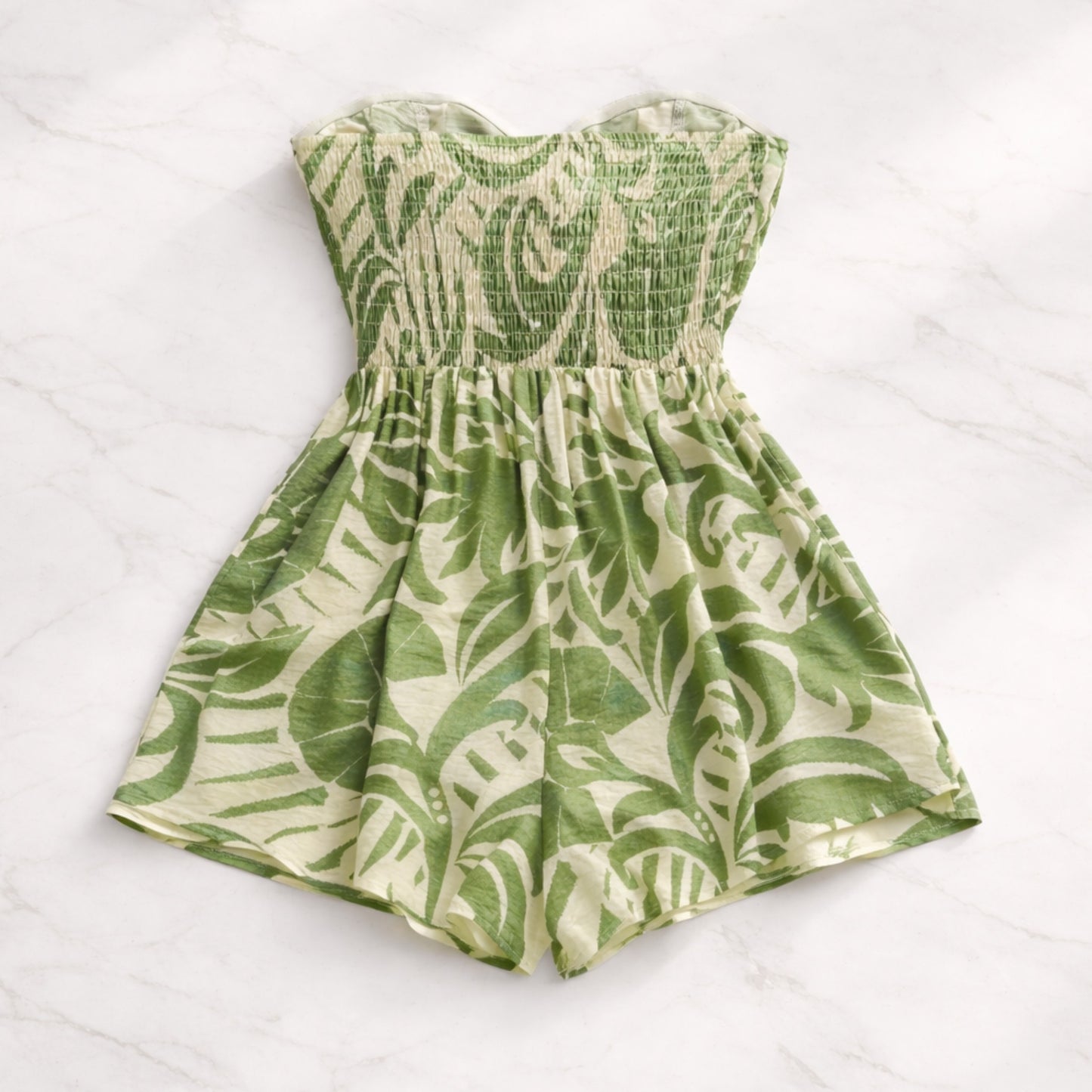 Women’s Strapless Summer Romper | Leaf Print Tie Front Beach Outfit
