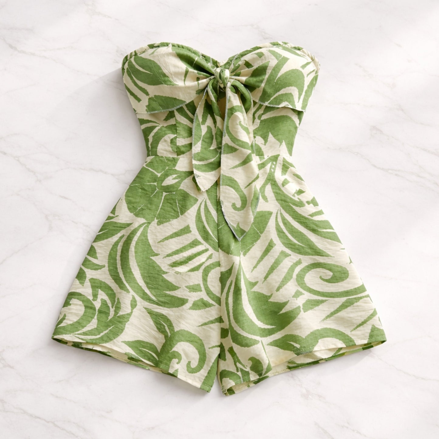 Women’s Strapless Summer Romper | Leaf Print Tie Front Beach Outfit