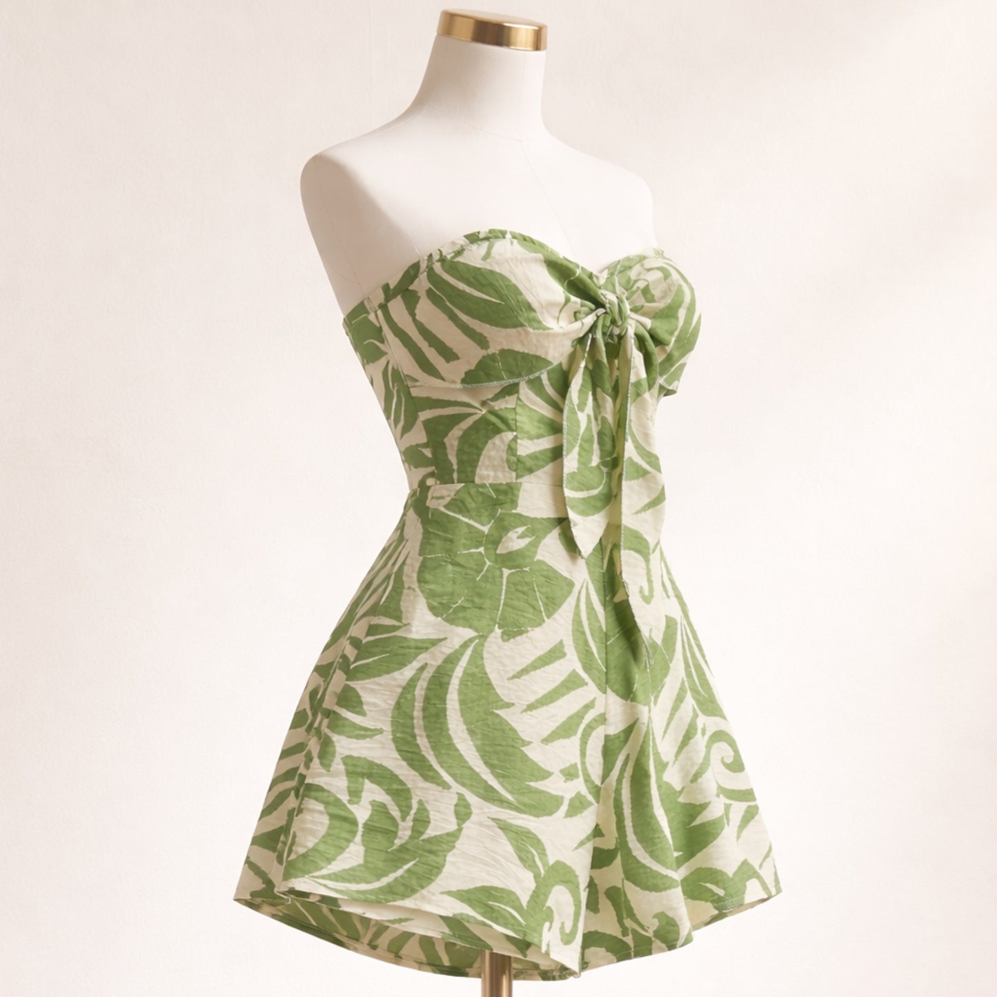 Women’s Strapless Summer Romper | Leaf Print Tie Front Beach Outfit