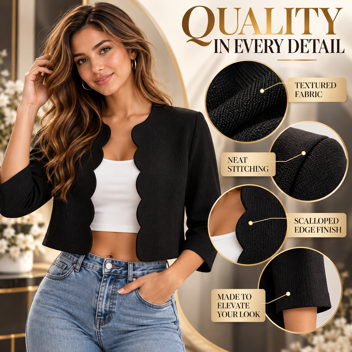 Scalloped Cropped Jacket for Women, Textured Elegant Cardigan, Lightweight Open Front Blazer, Chic Casual Spring Jacket