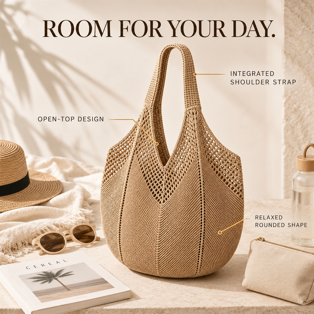 Crochet Shoulder Tote Bag | Large Capacity Beach Handbag | Lightweight Knitted Everyday Travel Purse