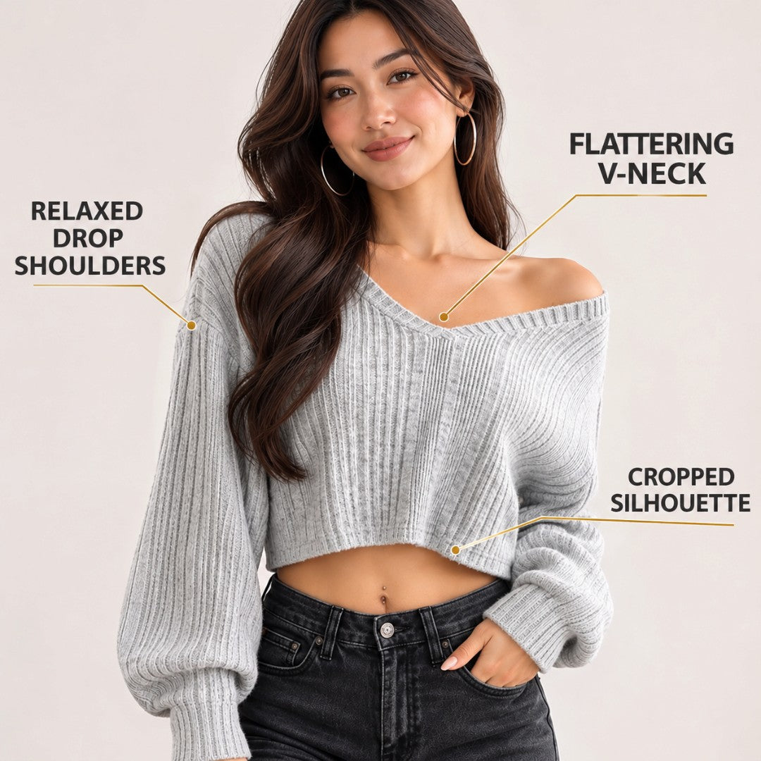 Womens V Neck Cropped Sweater | Ribbed Knit Drop Shoulder Pullover Relaxed Casual Fall Top