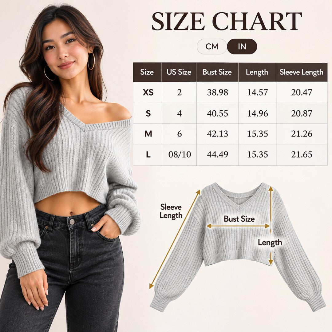 Womens V Neck Cropped Sweater | Ribbed Knit Drop Shoulder Pullover Relaxed Casual Fall Top