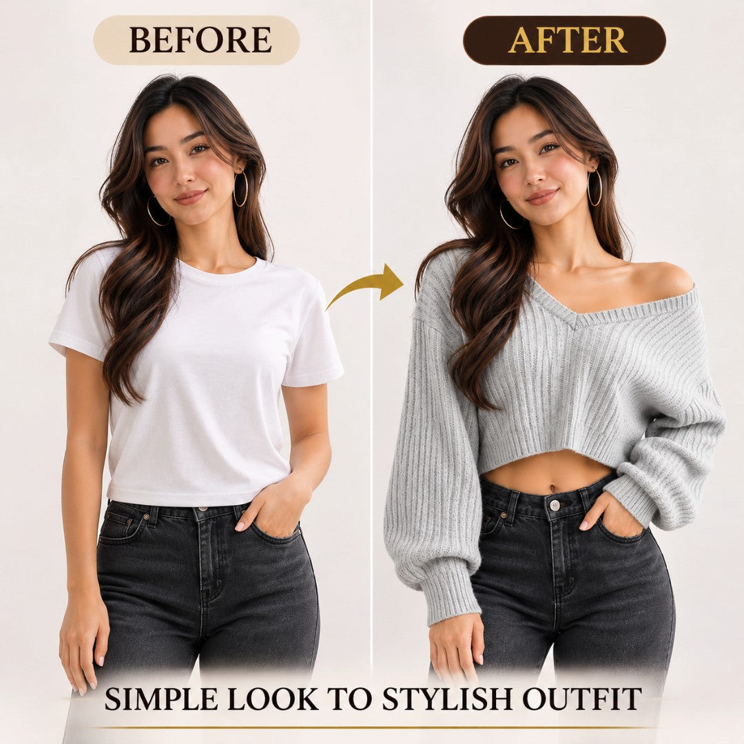 Womens V Neck Cropped Sweater | Ribbed Knit Drop Shoulder Pullover Relaxed Casual Fall Top