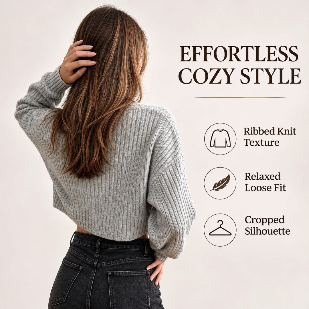 Womens V Neck Cropped Sweater | Ribbed Knit Drop Shoulder Pullover Relaxed Casual Fall Top