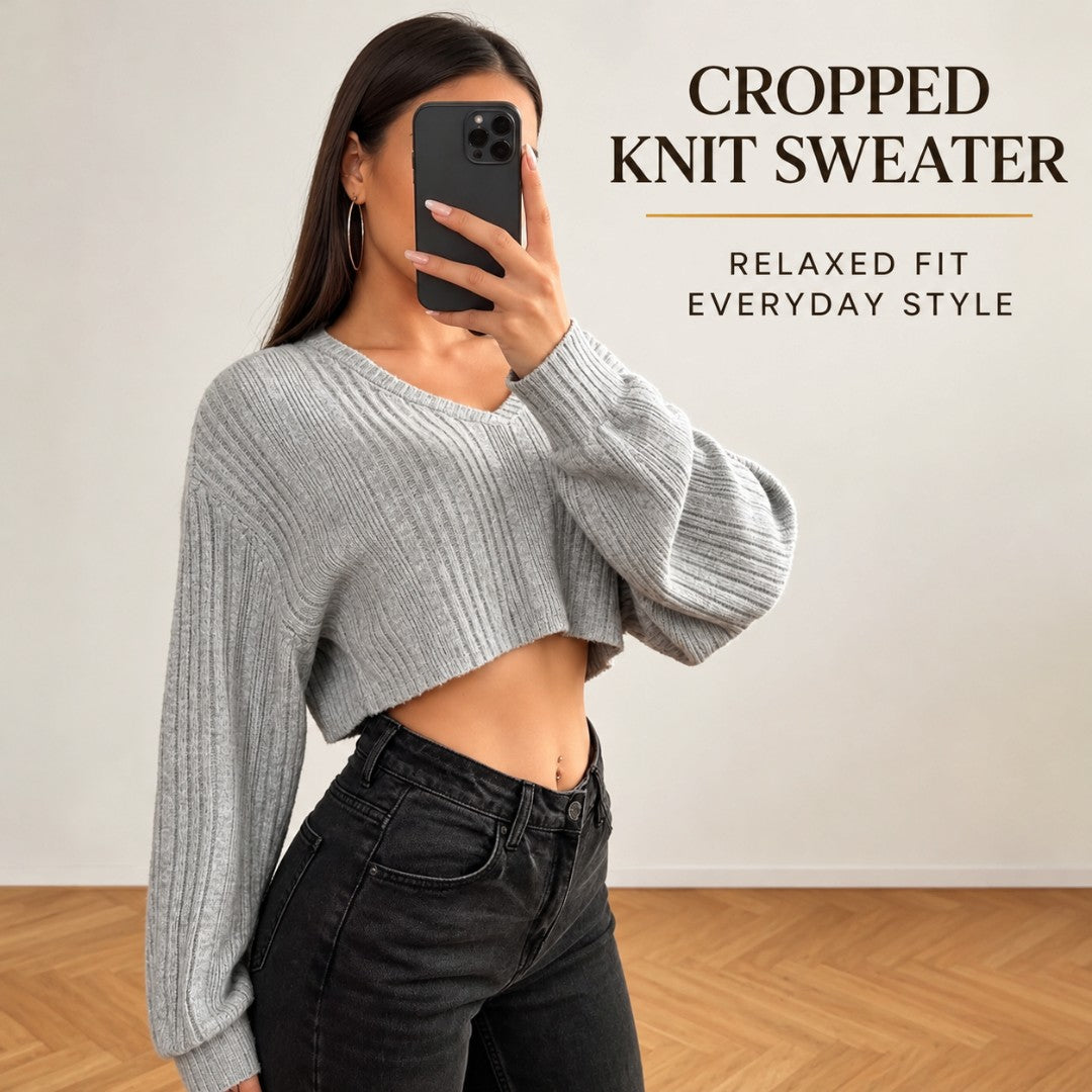 Womens V Neck Cropped Sweater | Ribbed Knit Drop Shoulder Pullover Relaxed Casual Fall Top