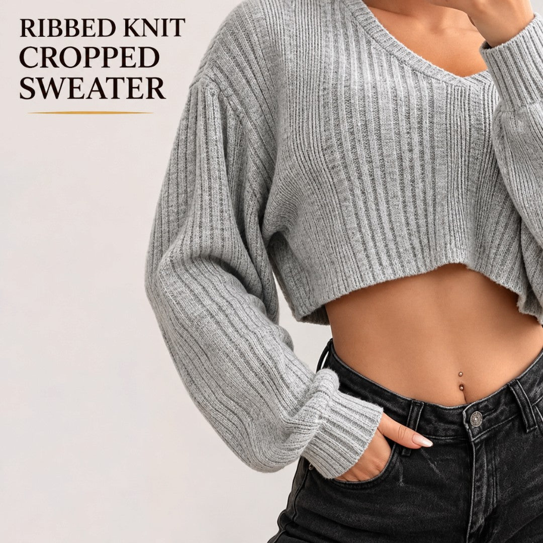 Womens V Neck Cropped Sweater | Ribbed Knit Drop Shoulder Pullover Relaxed Casual Fall Top