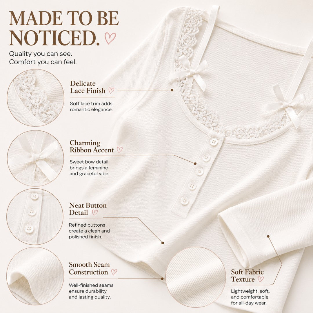 Women’s Lace Trim V Neck Top | Coquette Long Sleeve Shirt | Ribbon Detail Slim Fit Tee | Romantic Button Front Blouse