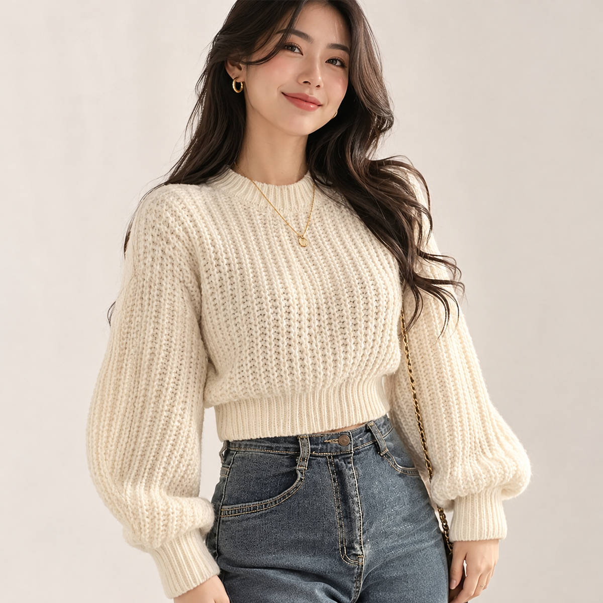 Chunky Knit Cropped Sweater | Womens Lantern Sleeve Pullover Cozy Textured Casual Fall Top