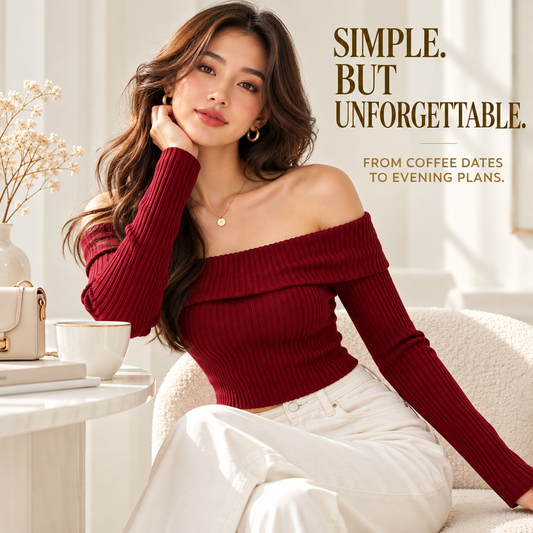 Women Off Shoulder Ribbed Knit Crop Top, Foldover Neckline, Long Sleeve Fitted Blouse