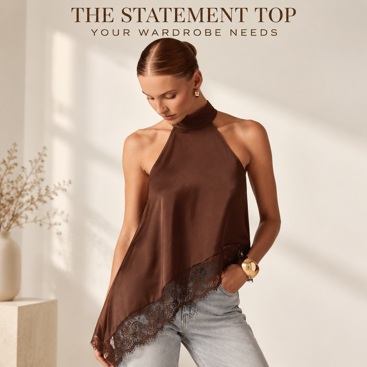 Asymmetrical High Neck Halter Top | Backless Women Fashion Shirt | Elegant Statement Blouse | Modern Evening Outfit