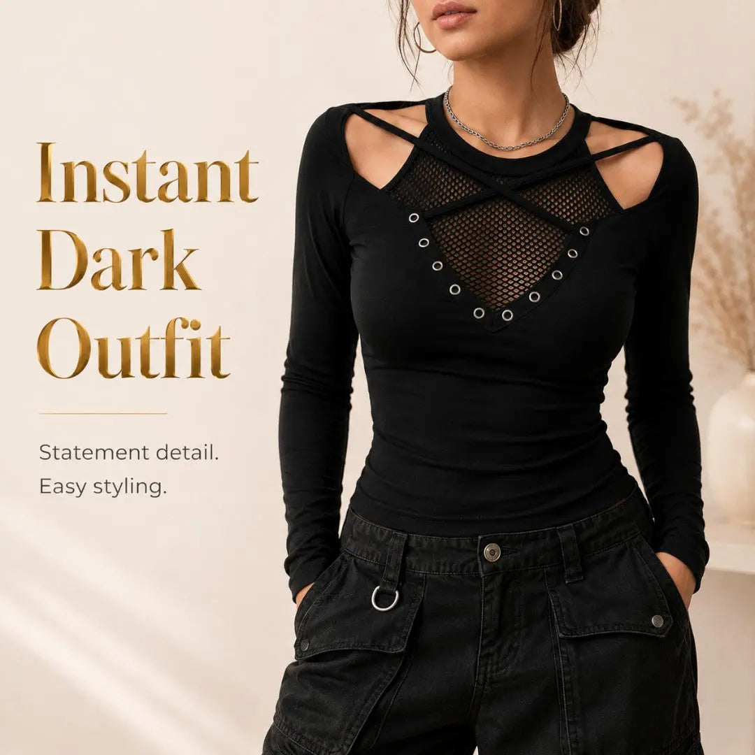 Gothic Mesh Long Sleeve Top | Black Cutout Shirt | Alt Fitted Blouse | Crisscross Strap Top | Going Out Outfit Jumartins
