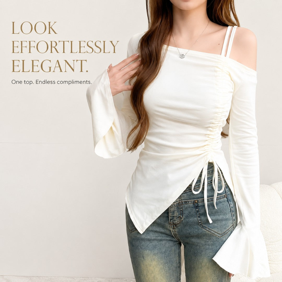 Women's Off Shoulder Drawstring Top Long Sleeve Flare Sleeve Tee | Ruched Waist Slim Fit Blouse | Elegant Date Night Shirt