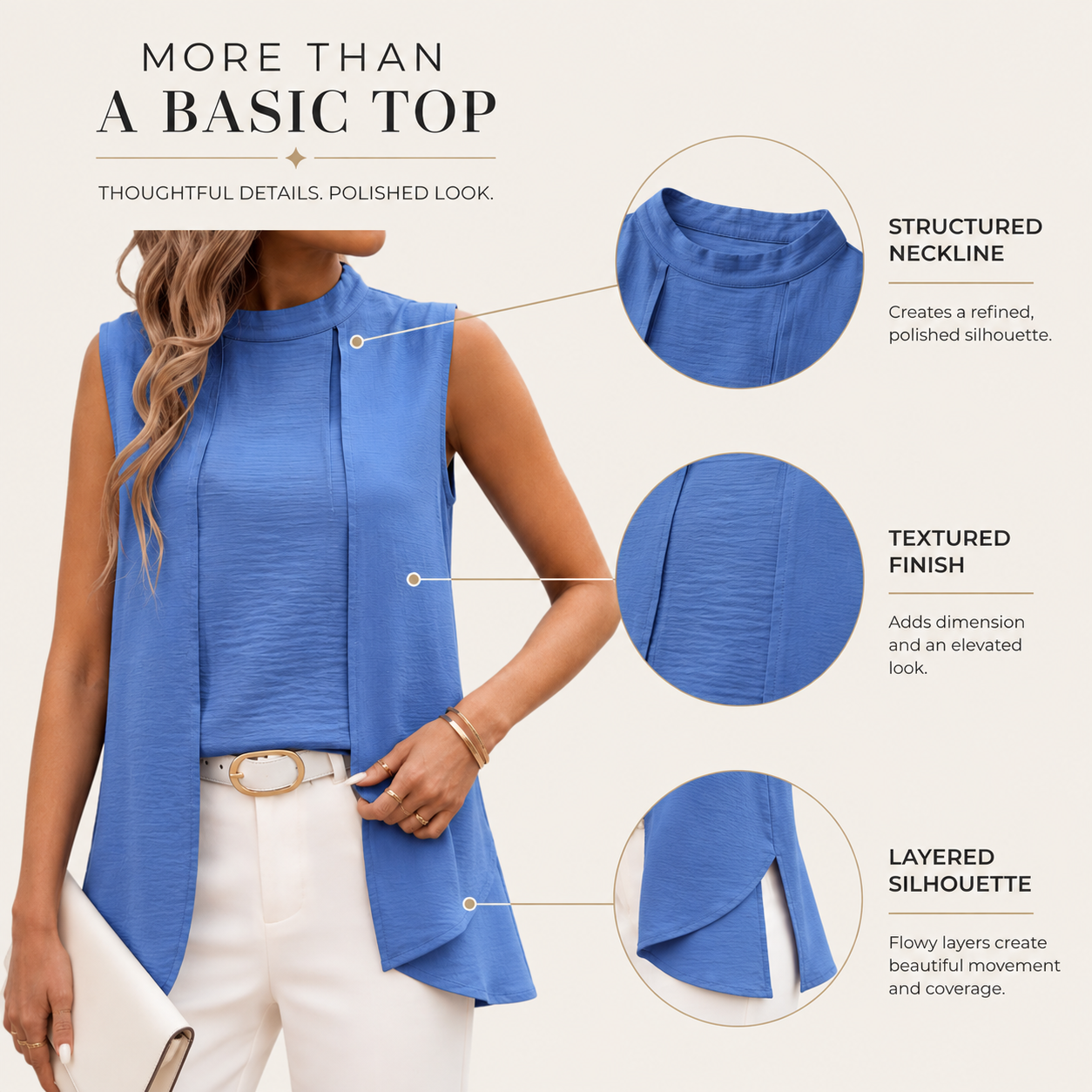 Women’s Sleeveless Layered Blouse | O Neck Split Front Shirt | Elegant Summer Top | Loose Draped Workwear Blouse