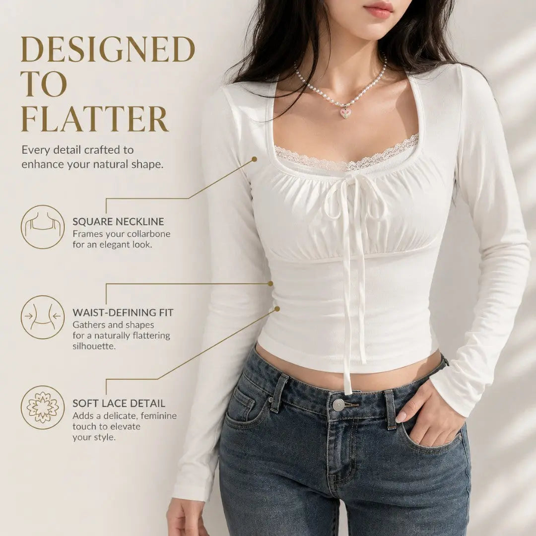 Fairycore Square Neck Crop Top Long Sleeve Women Knit Tee Coquette Bow Front Fitted Y2K Soft Girl Casual Blouse Jumartins