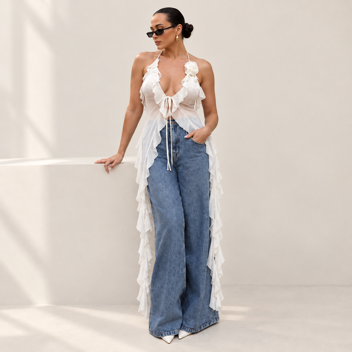 Ruffle Flower Halter Mesh Camisole for Women Deep V Neck Backless Tie Front Asymmetrical Summer Going Out Top