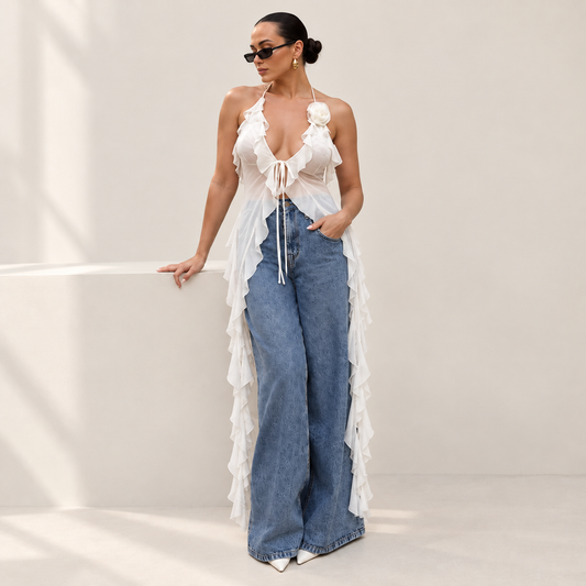 Ruffle Flower Halter Mesh Camisole for Women Deep V Neck Backless Tie Front Asymmetrical Summer Going Out Top