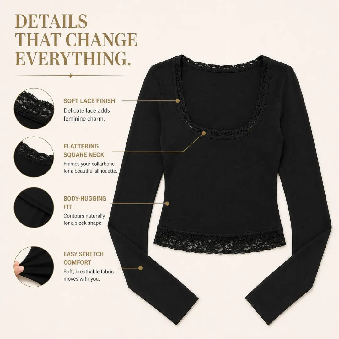 Lace Trim Square Neck Long Sleeve Crop Top | Slim Fit Everyday Shirt | Soft Stretch Casual Going Out Top | Feminine Layering Tee Jumartins