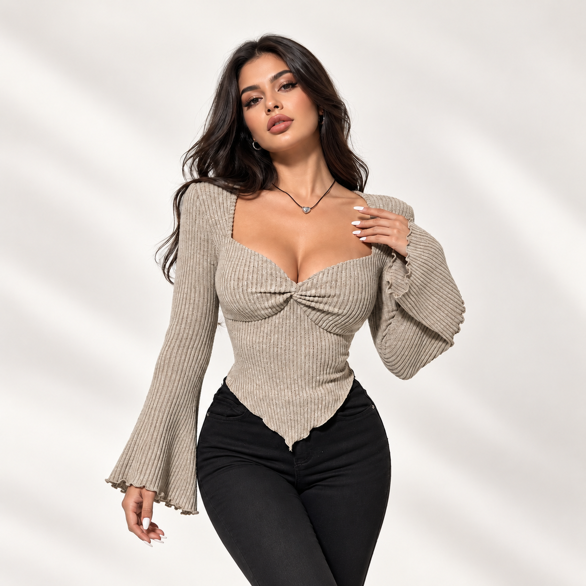 Women's Square Neck Ribbed Knit Top, Bell Sleeve Long Sleeve Shirt, Ruched Bust Fitted Blouse, Romantic Date Night Outfit