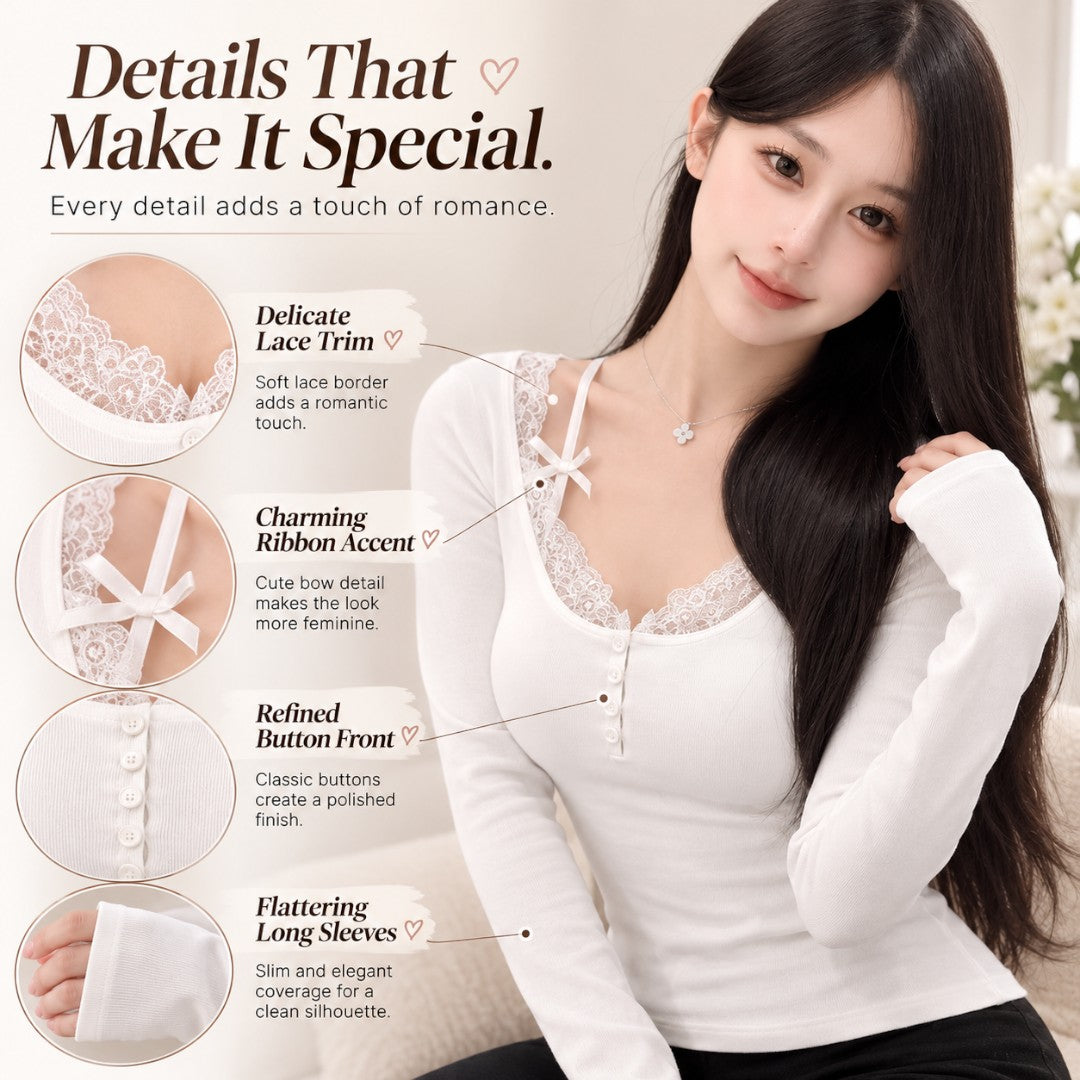 Women’s Lace Trim V Neck Top | Coquette Long Sleeve Shirt | Ribbon Detail Slim Fit Tee | Romantic Button Front Blouse