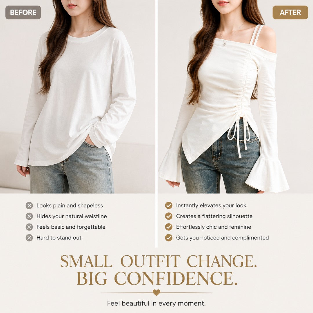 Women's Off Shoulder Drawstring Top Long Sleeve Flare Sleeve Tee | Ruched Waist Slim Fit Blouse | Elegant Date Night Shirt