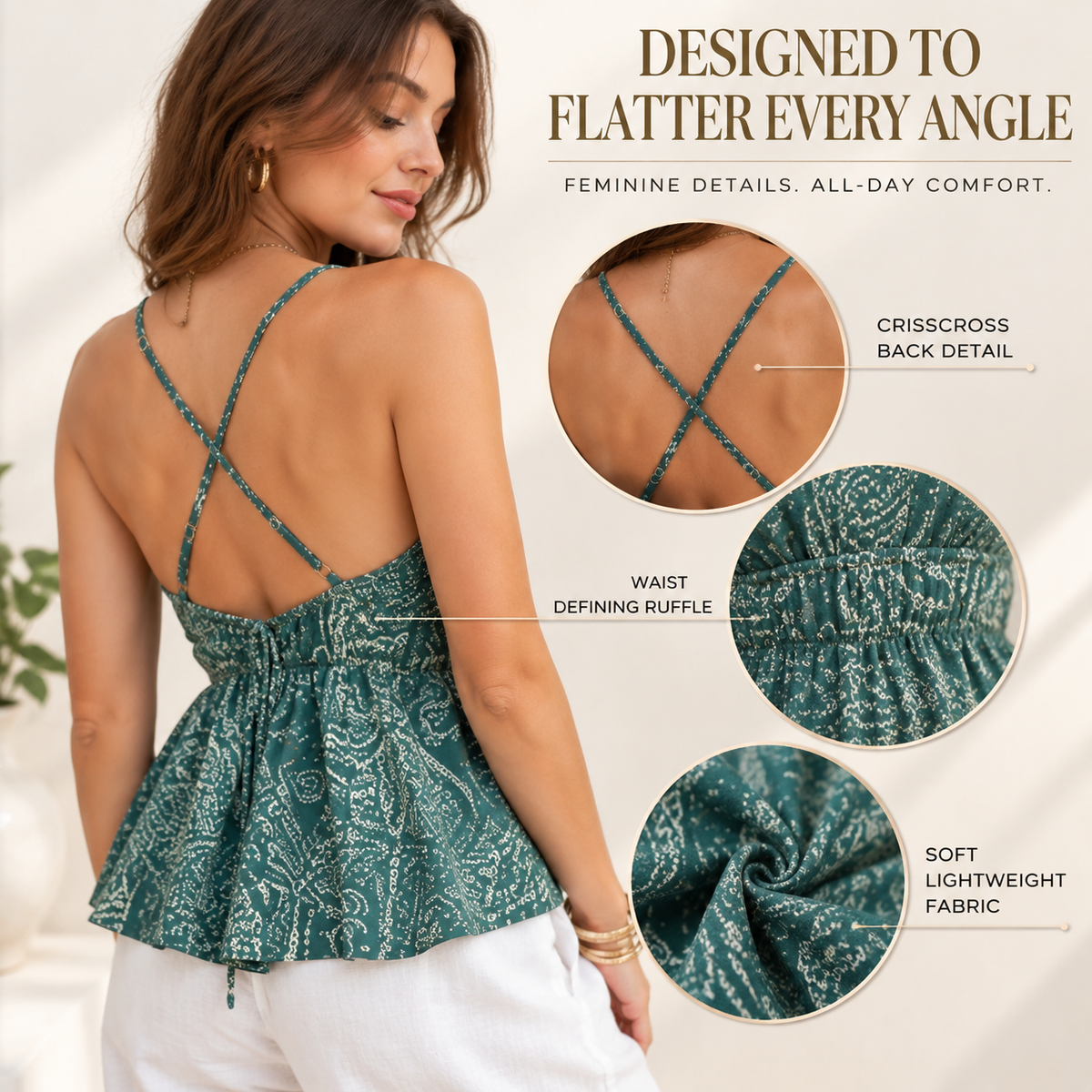 Paisley Print Cami Top | Crisscross Back V Neck Blouse with Waist Ruffle | Feminine Casual Vacation Top for Date Night & Daily Wear