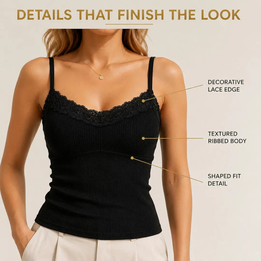 Lace Trim Ribbed Tank Top Women Square Neck Camisole Slim Fit Cami Strap Knit Basic Layering Top Fairycore Y2K Style Jumartins