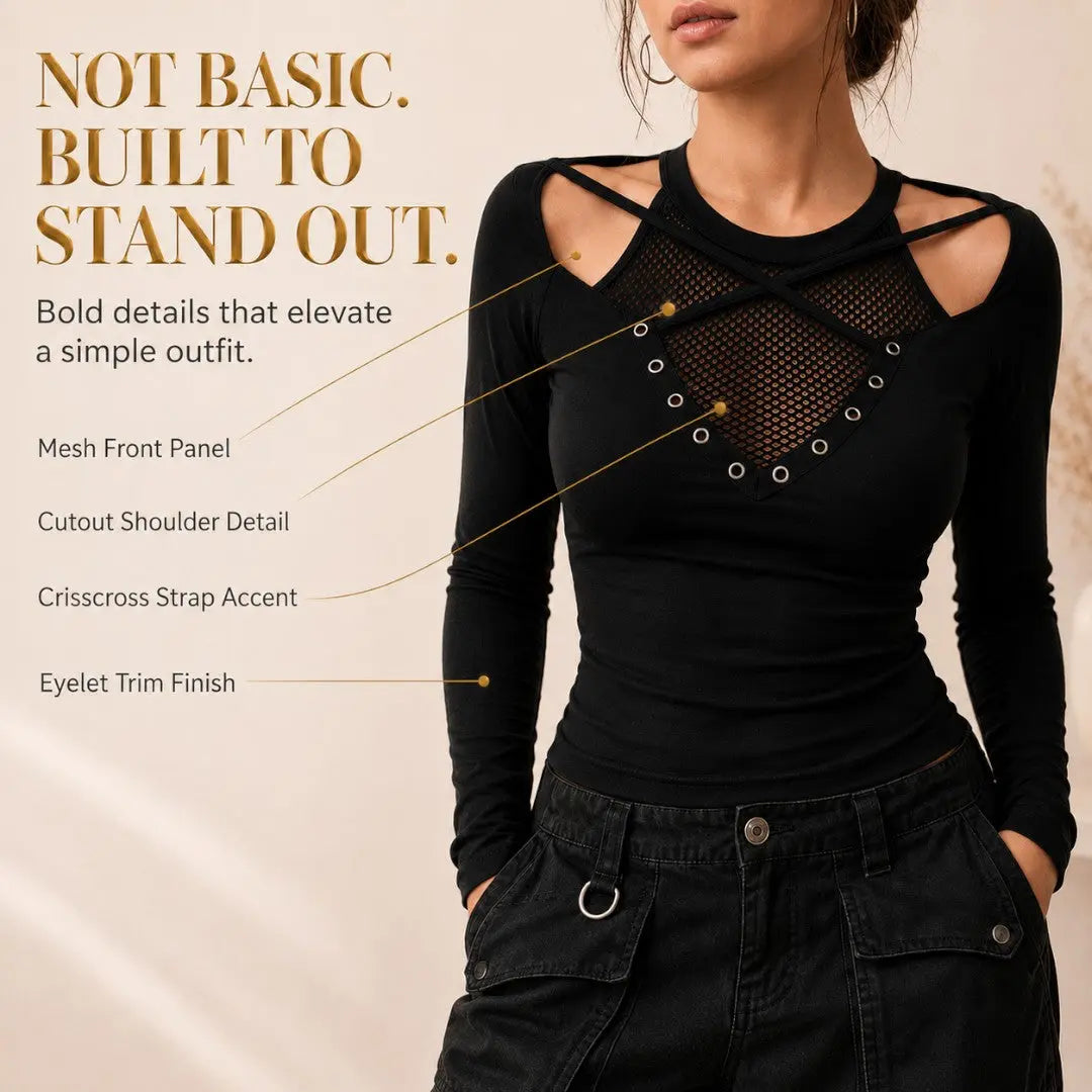 Gothic Mesh Long Sleeve Top | Black Cutout Shirt | Alt Fitted Blouse | Crisscross Strap Top | Going Out Outfit Jumartins